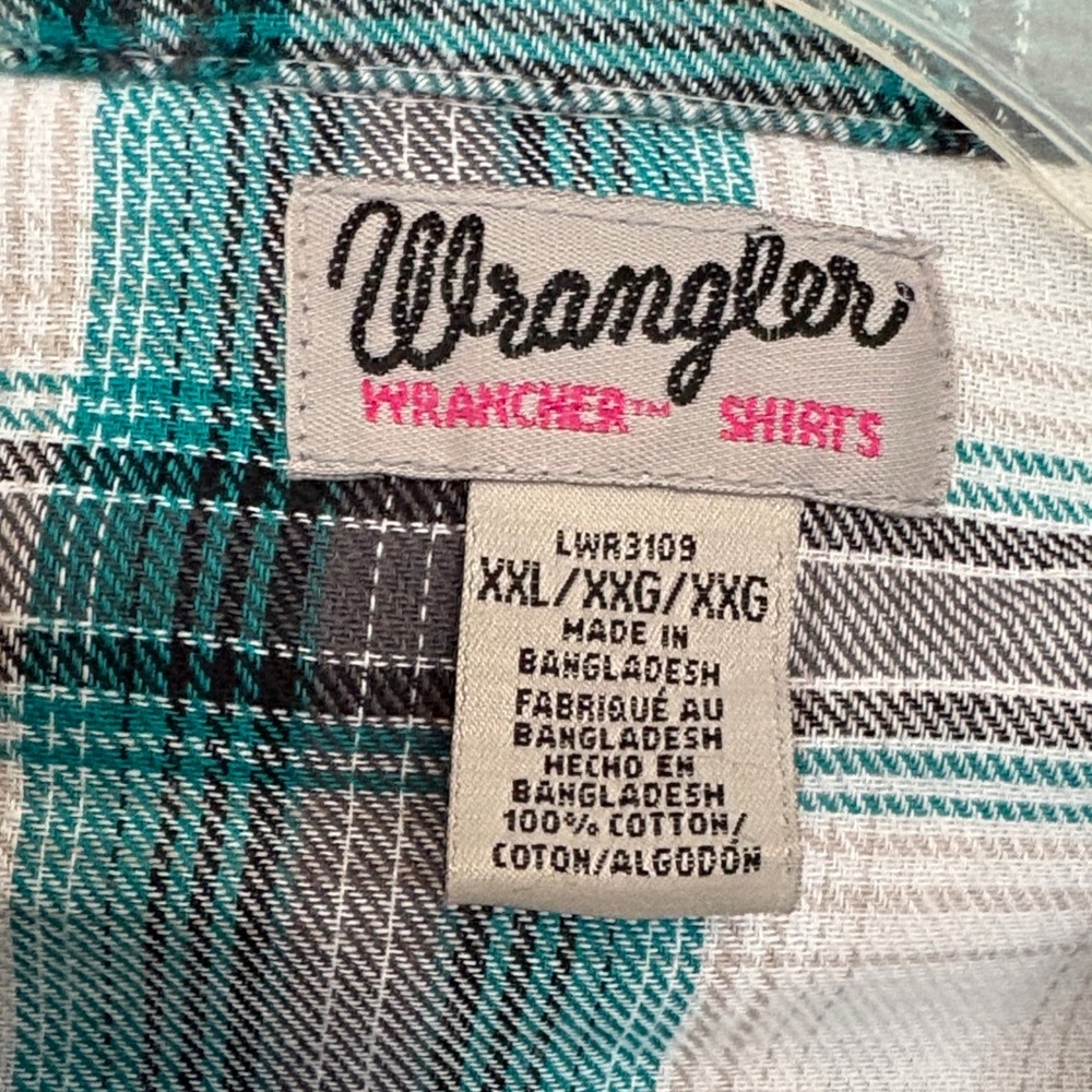 Wrangler Vintage Women’s Ranch Shirt Teal and White Plaid Button Down Shirt - Picture 2 of 7